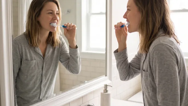 Person brushing their teeth in front of a mirror