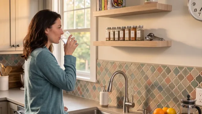 Person drinking a glass of water in the morning